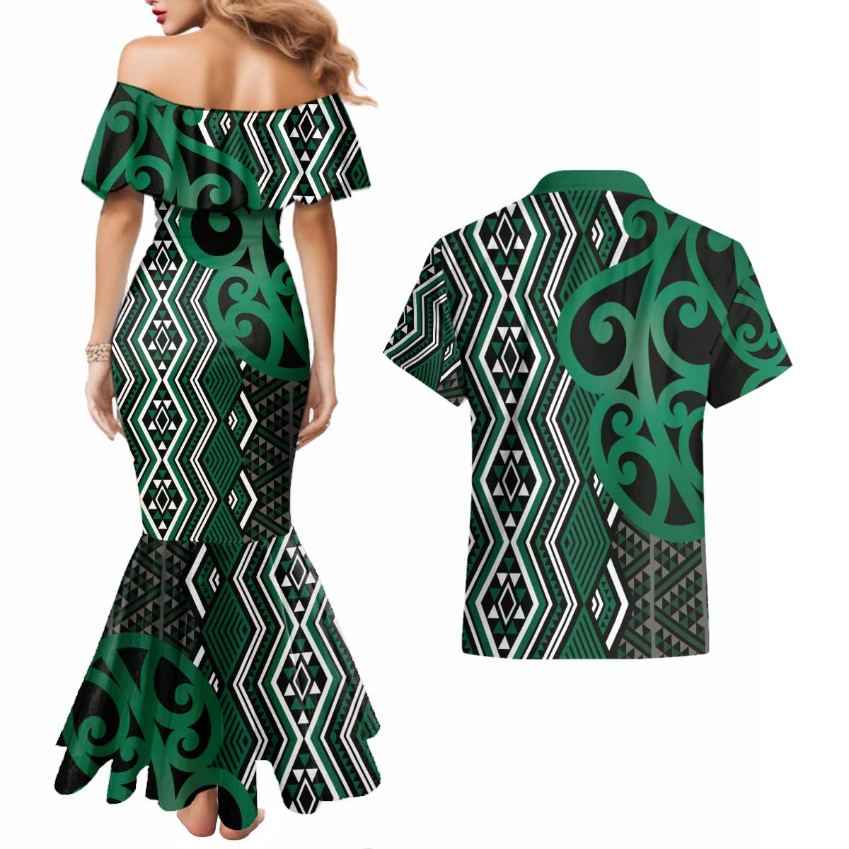 Maori Taniko Patterns Couples Matching Mermaid Dress and Hawaiian Shirt Pounamu Patiki Motifs Mix Whakairo Ngaru LT7 - Polynesian Pride