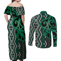 Maori Taniko Patterns Couples Matching Off Shoulder Maxi Dress and Long Sleeve Button Shirt Pounamu Patiki Motifs Mix Whakairo Ngaru LT7 - Polynesian Pride