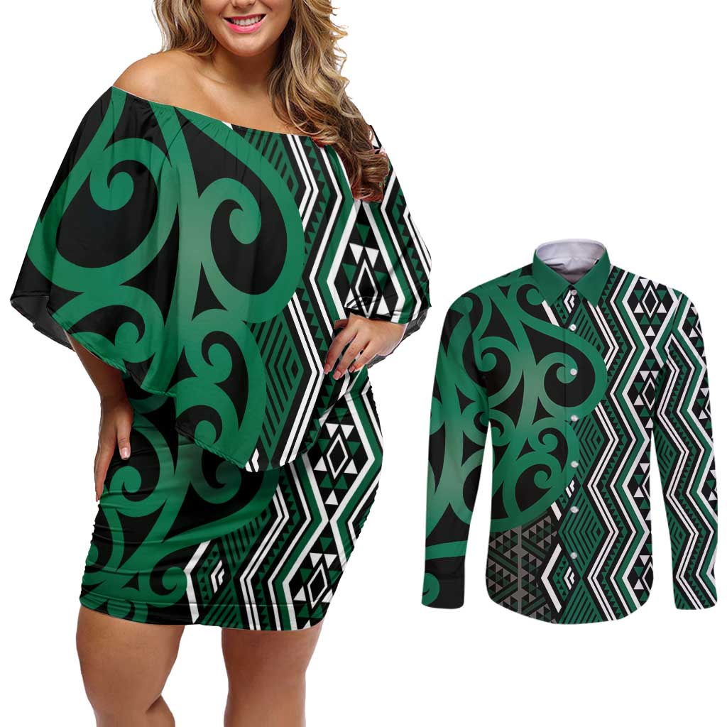 Maori Taniko Patterns Couples Matching Off Shoulder Short Dress and Long Sleeve Button Shirt Pounamu Patiki Motifs Mix Whakairo Ngaru LT7 Green - Polynesian Pride