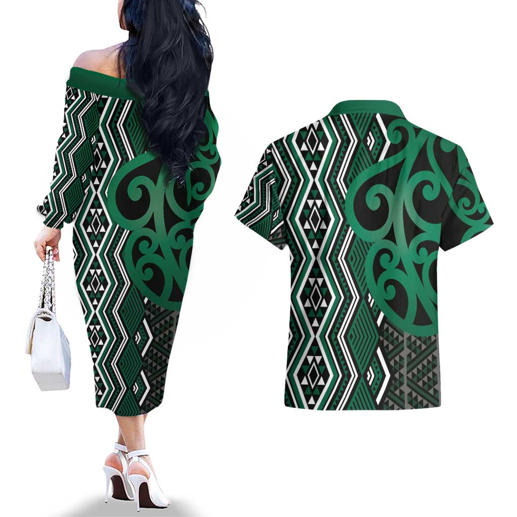 Maori Taniko Patterns Couples Matching Off The Shoulder Long Sleeve Dress and Hawaiian Shirt Pounamu Patiki Motifs Mix Whakairo Ngaru