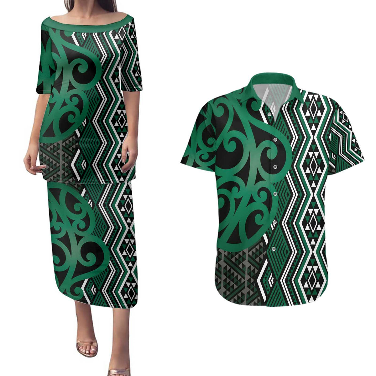 Maori Taniko Patterns Couples Matching Puletasi and Hawaiian Shirt Pounamu Patiki Motifs Mix Whakairo Ngaru