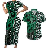 Maori Taniko Patterns Couples Matching Short Sleeve Bodycon Dress and Hawaiian Shirt Pounamu Patiki Motifs Mix Whakairo Ngaru LT7 Green - Polynesian Pride
