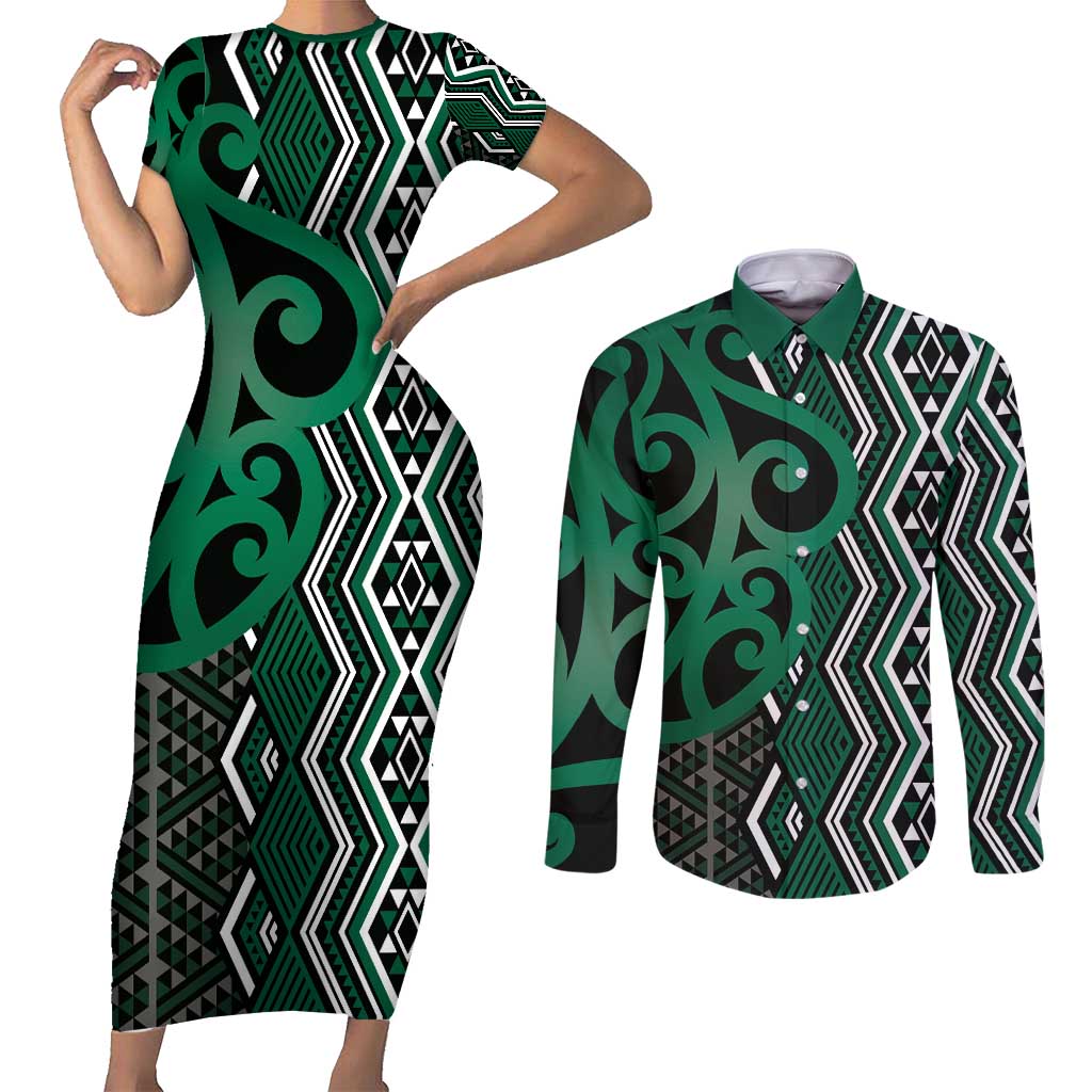 Maori Taniko Patterns Couples Matching Short Sleeve Bodycon Dress and Long Sleeve Button Shirt Pounamu Patiki Motifs Mix Whakairo Ngaru LT7 Green - Polynesian Pride