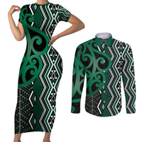 Maori Taniko Patterns Couples Matching Short Sleeve Bodycon Dress and Long Sleeve Button Shirt Pounamu Patiki Motifs Mix Whakairo Ngaru