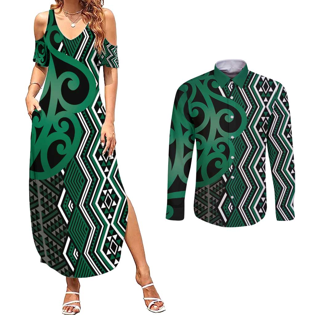 Maori Taniko Patterns Couples Matching Summer Maxi Dress and Long Sleeve Button Shirt Pounamu Patiki Motifs Mix Whakairo Ngaru LT7 Green - Polynesian Pride