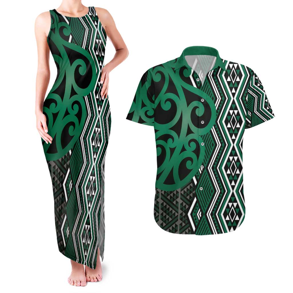 Maori Taniko Patterns Couples Matching Tank Maxi Dress and Hawaiian Shirt Pounamu Patiki Motifs Mix Whakairo Ngaru LT7 Green - Polynesian Pride