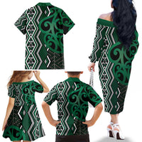 Maori Taniko Patterns Family Matching Off The Shoulder Long Sleeve Dress and Hawaiian Shirt Pounamu Patiki Motifs Mix Whakairo Ngaru