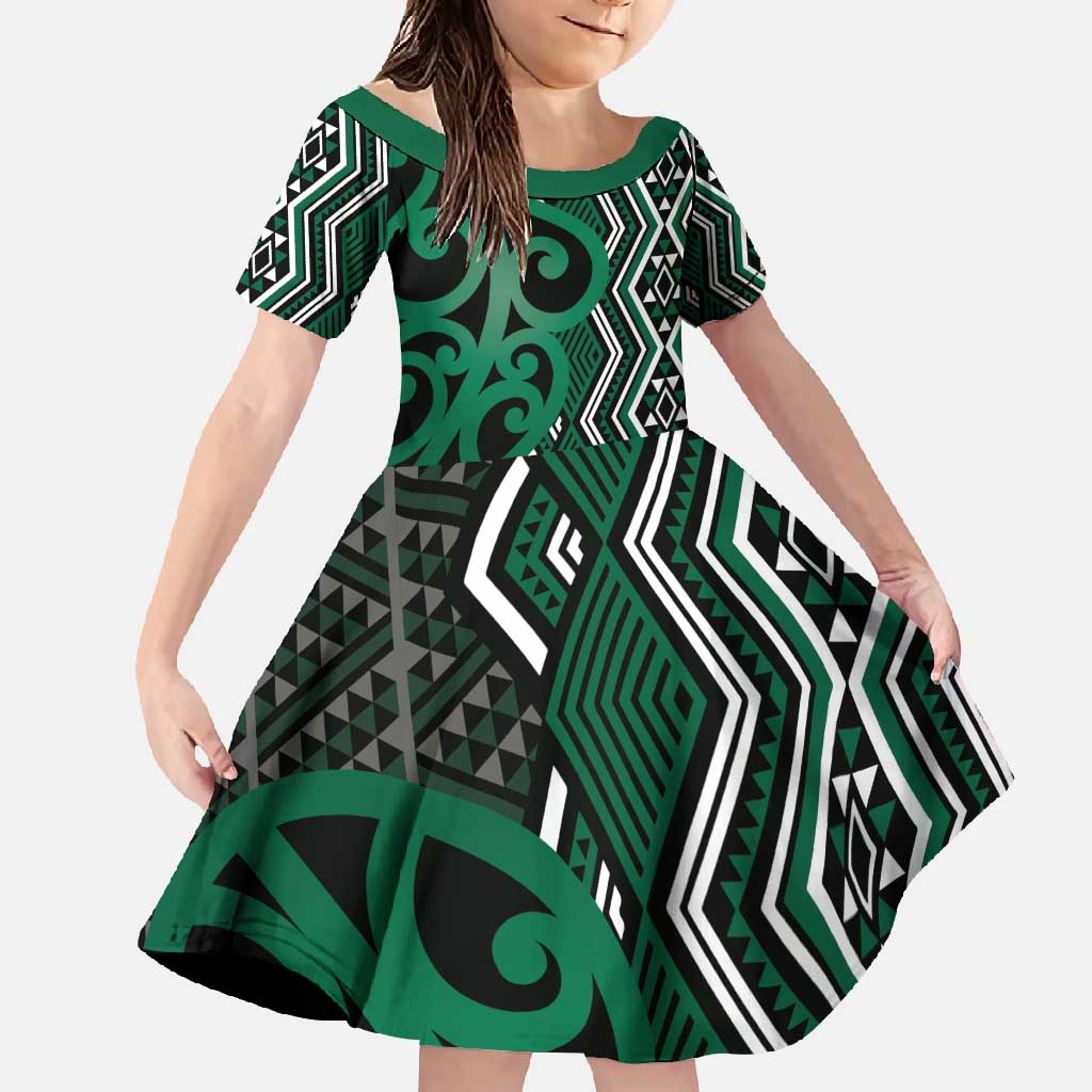 Maori Taniko Patterns Family Matching Off Shoulder Maxi Dress and Hawaiian Shirt Pounamu Patiki Motifs Mix Whakairo Ngaru LT7 Daughter's Dress Green - Polynesian Pride