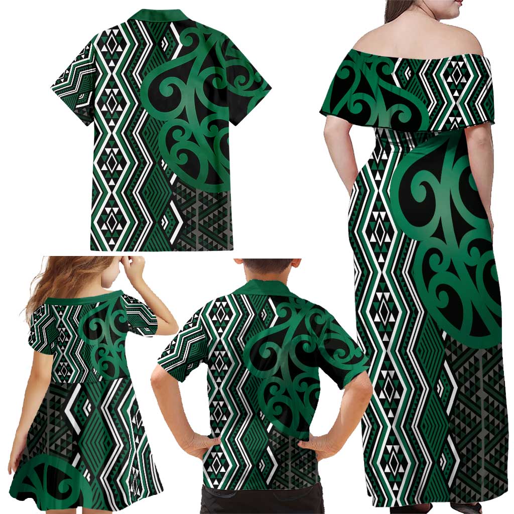 Maori Taniko Patterns Family Matching Off Shoulder Maxi Dress and Hawaiian Shirt Pounamu Patiki Motifs Mix Whakairo Ngaru LT7 - Polynesian Pride