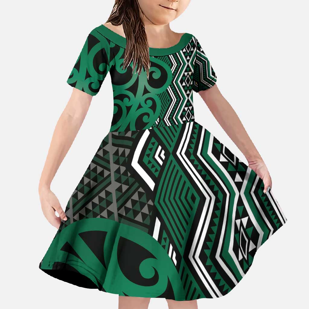 Maori Taniko Patterns Family Matching Summer Maxi Dress and Hawaiian Shirt Pounamu Patiki Motifs Mix Whakairo Ngaru LT7 Daughter's Dress Green - Polynesian Pride