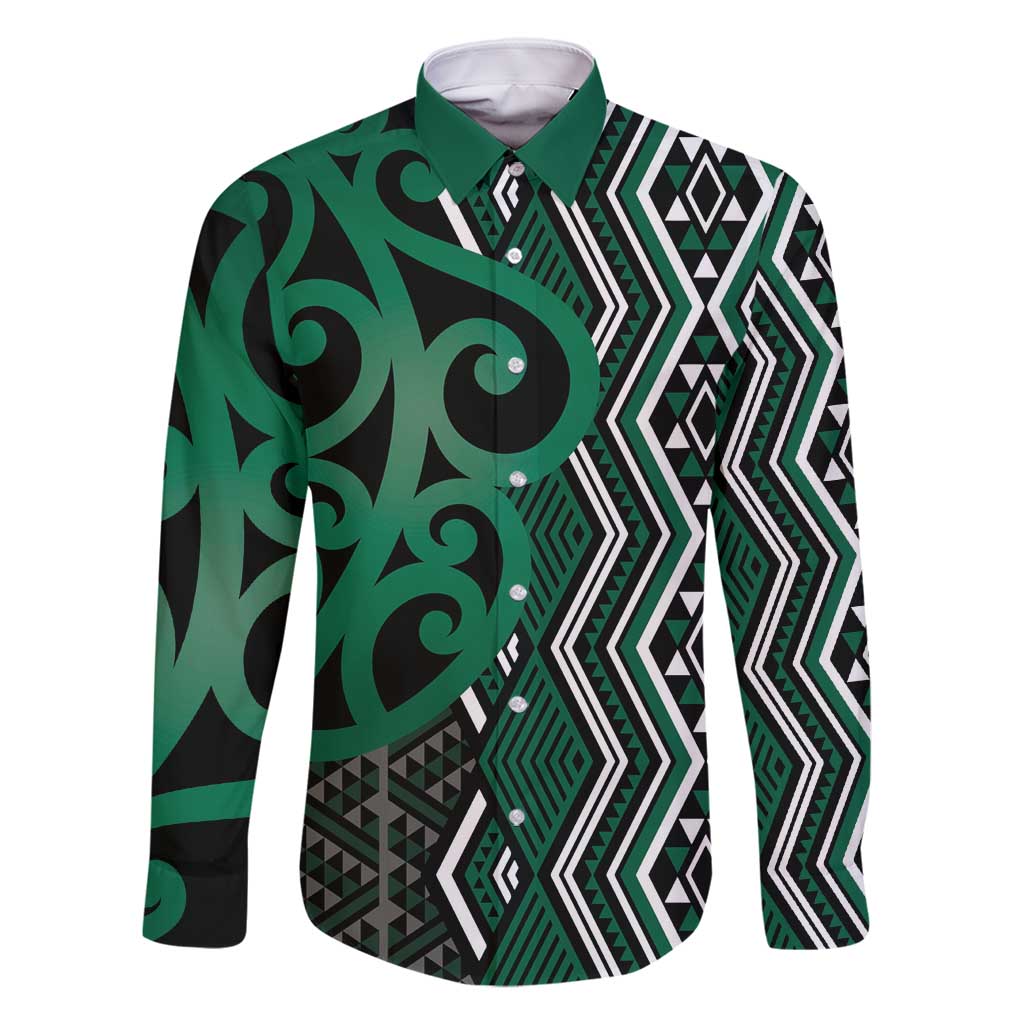 Maori Taniko Patterns Family Matching Summer Maxi Dress and Hawaiian Shirt Pounamu Patiki Motifs Mix Whakairo Ngaru LT7 Dad's Shirt - Long Sleeve Green - Polynesian Pride