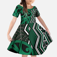 Maori Taniko Patterns Family Matching Tank Maxi Dress and Hawaiian Shirt Pounamu Patiki Motifs Mix Whakairo Ngaru LT7 Daughter's Dress Green - Polynesian Pride