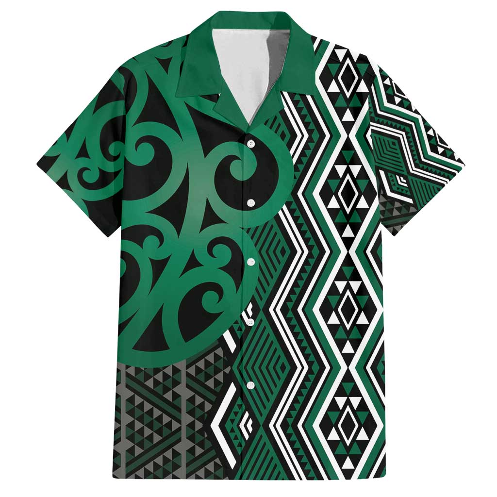 Maori Taniko Patterns Family Matching Tank Maxi Dress and Hawaiian Shirt Pounamu Patiki Motifs Mix Whakairo Ngaru LT7 Dad's Shirt - Short Sleeve Green - Polynesian Pride