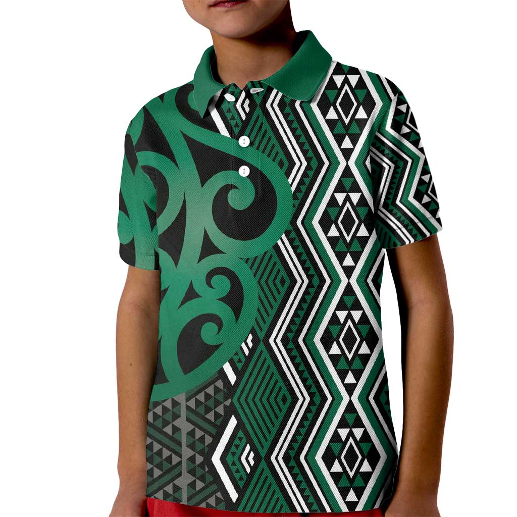 Maori Taniko Patterns Kid Polo Shirt Pounamu Patiki Motifs Mix Whakairo Ngaru LT7 Kid Green - Polynesian Pride