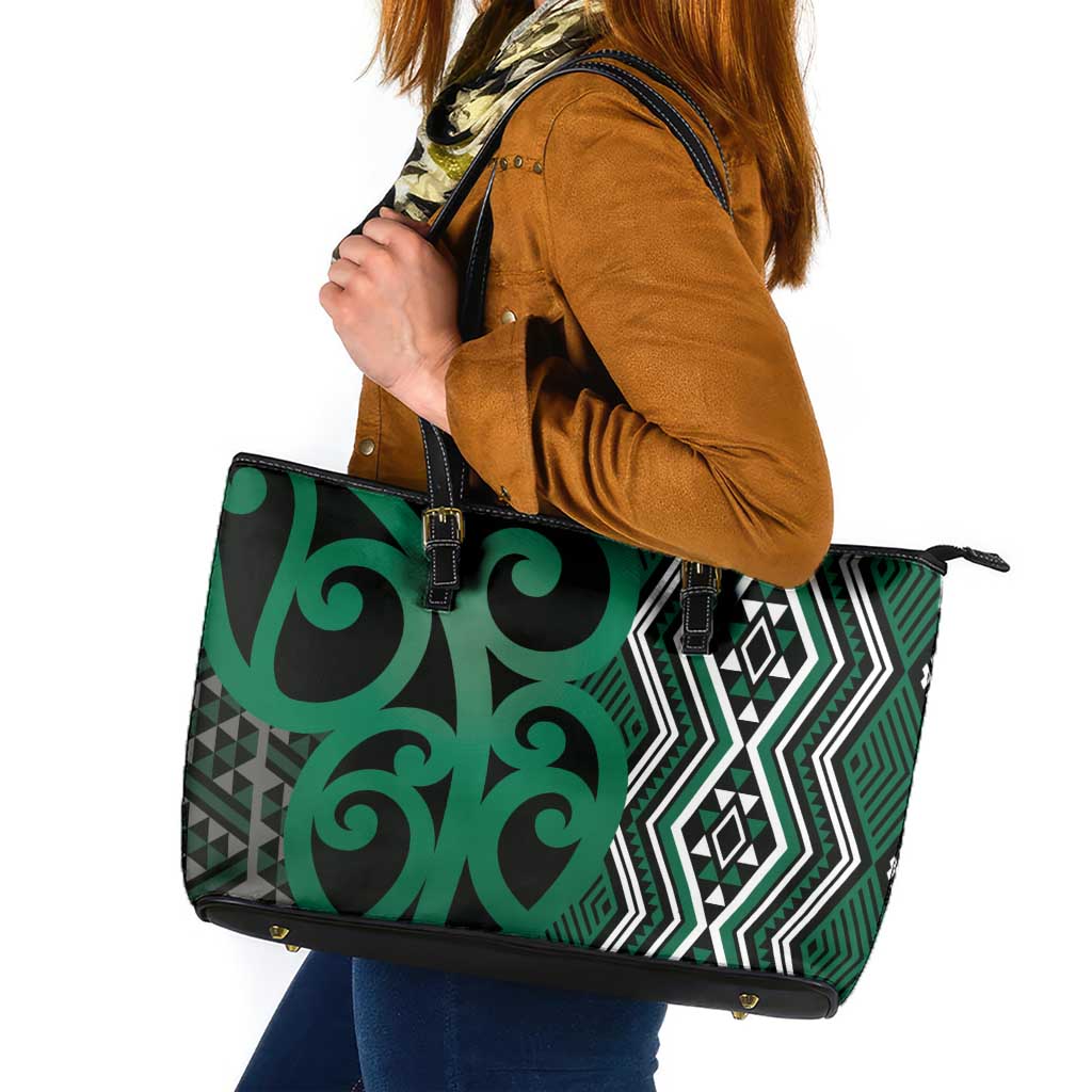 Maori Taniko Patterns Leather Tote Bag Pounamu Patiki Motifs Mix Whakairo Ngaru LT7 Green - Polynesian Pride