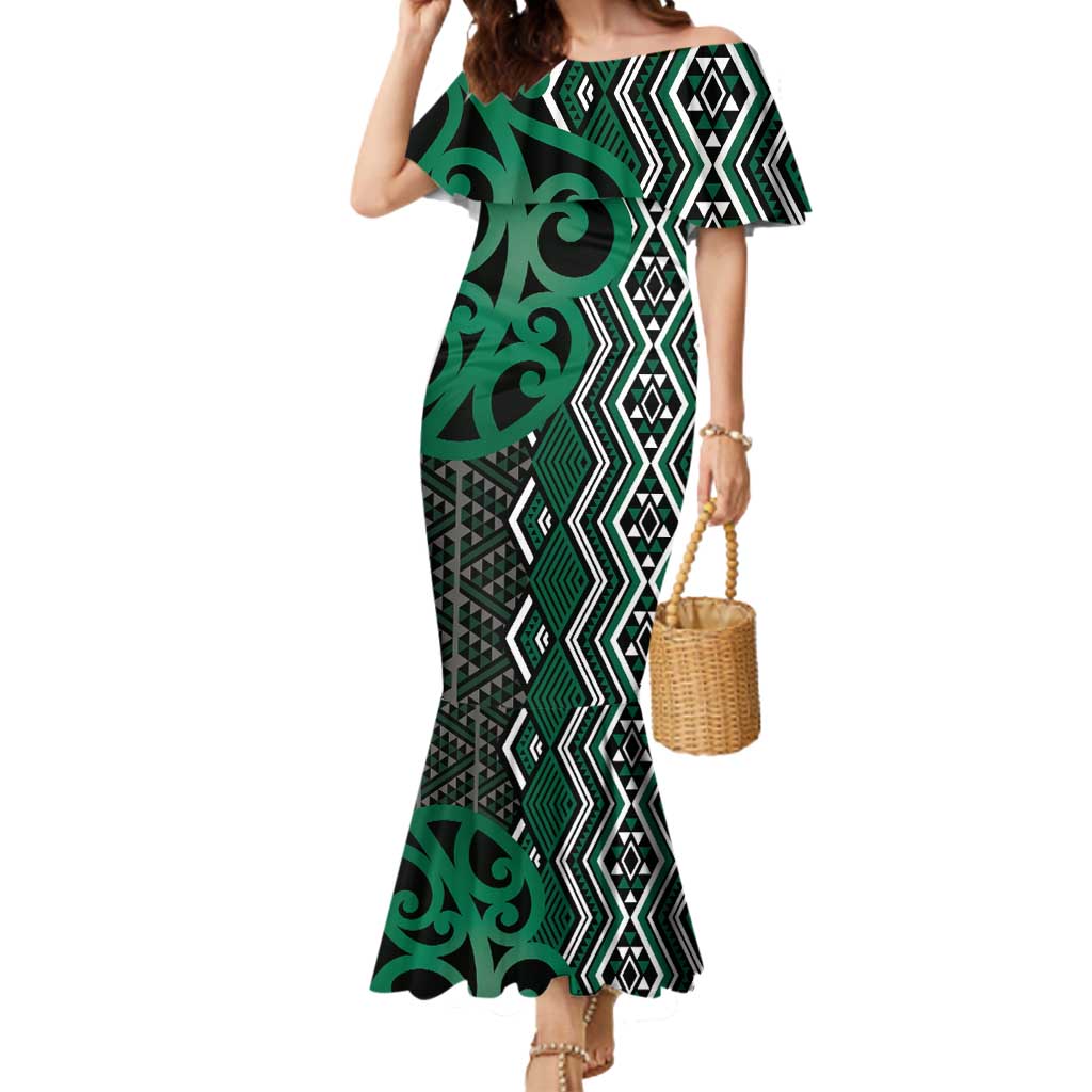 Maori Taniko Patterns Mermaid Dress Pounamu Patiki Motifs Mix Whakairo Ngaru