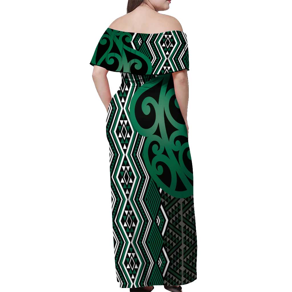 Maori Taniko Patterns Off Shoulder Maxi Dress Pounamu Patiki Motifs Mix Whakairo Ngaru