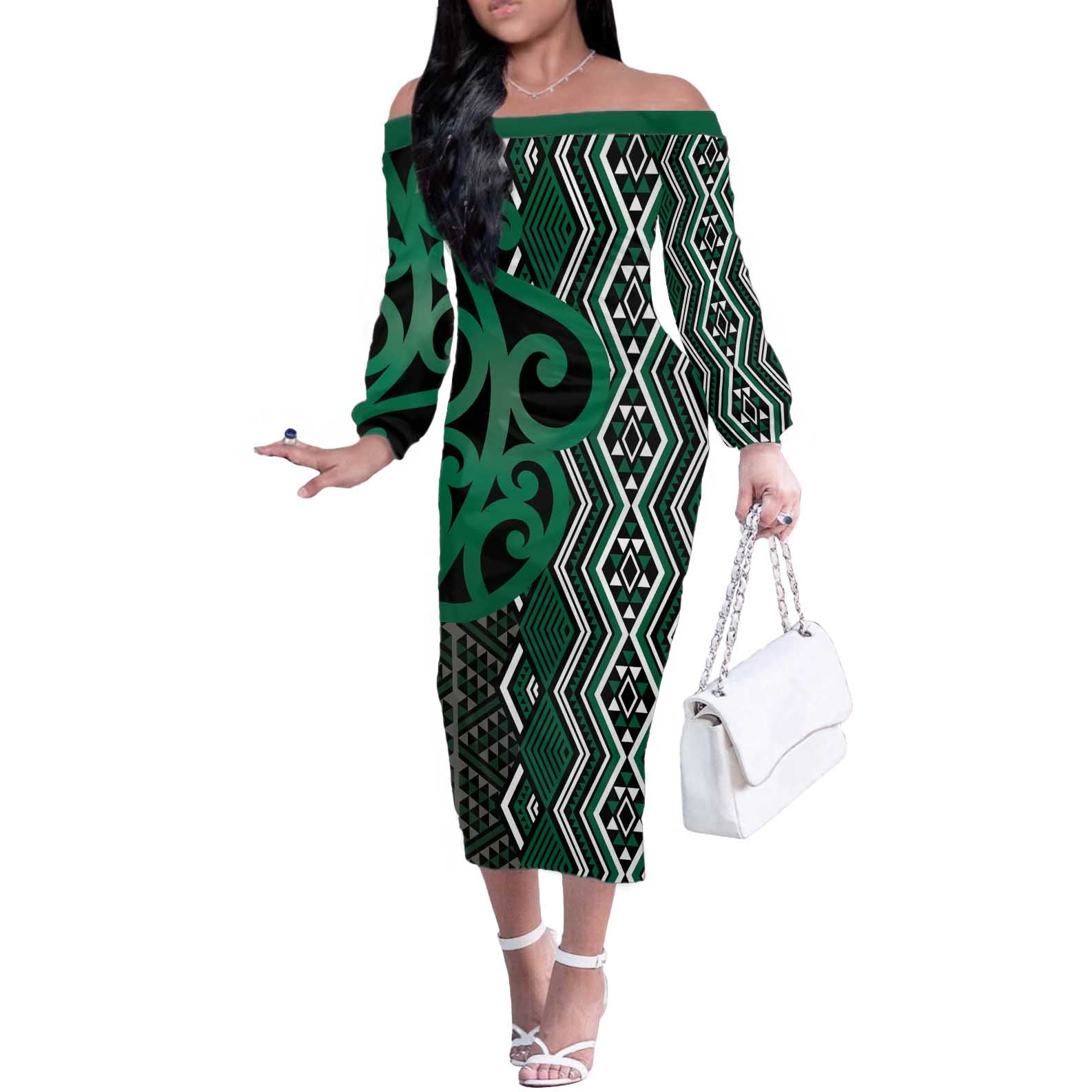 Maori Taniko Patterns Off The Shoulder Long Sleeve Dress Pounamu Patiki Motifs Mix Whakairo Ngaru