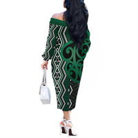 Maori Taniko Patterns Off The Shoulder Long Sleeve Dress Pounamu Patiki Motifs Mix Whakairo Ngaru