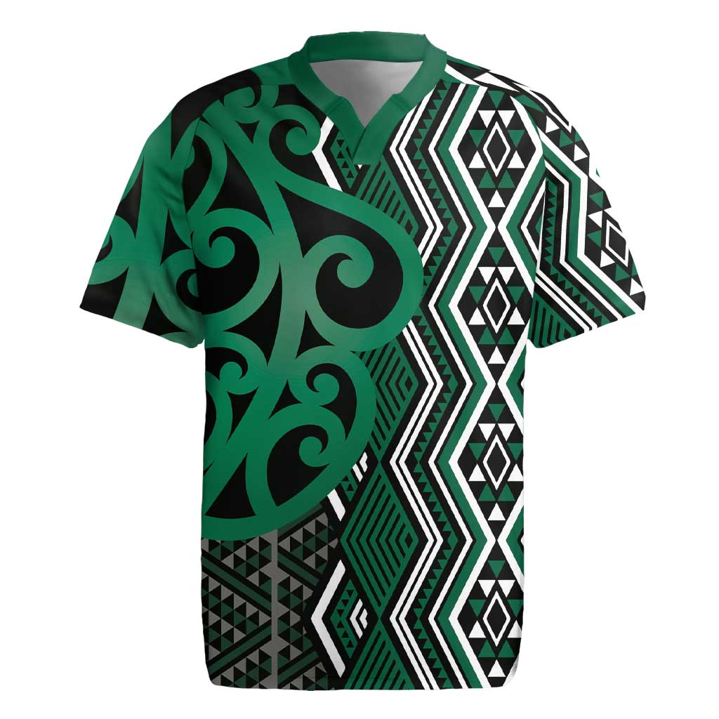 Maori Taniko Patterns Rugby Jersey Pounamu Patiki Motifs Mix Whakairo Ngaru LT7 Green - Polynesian Pride
