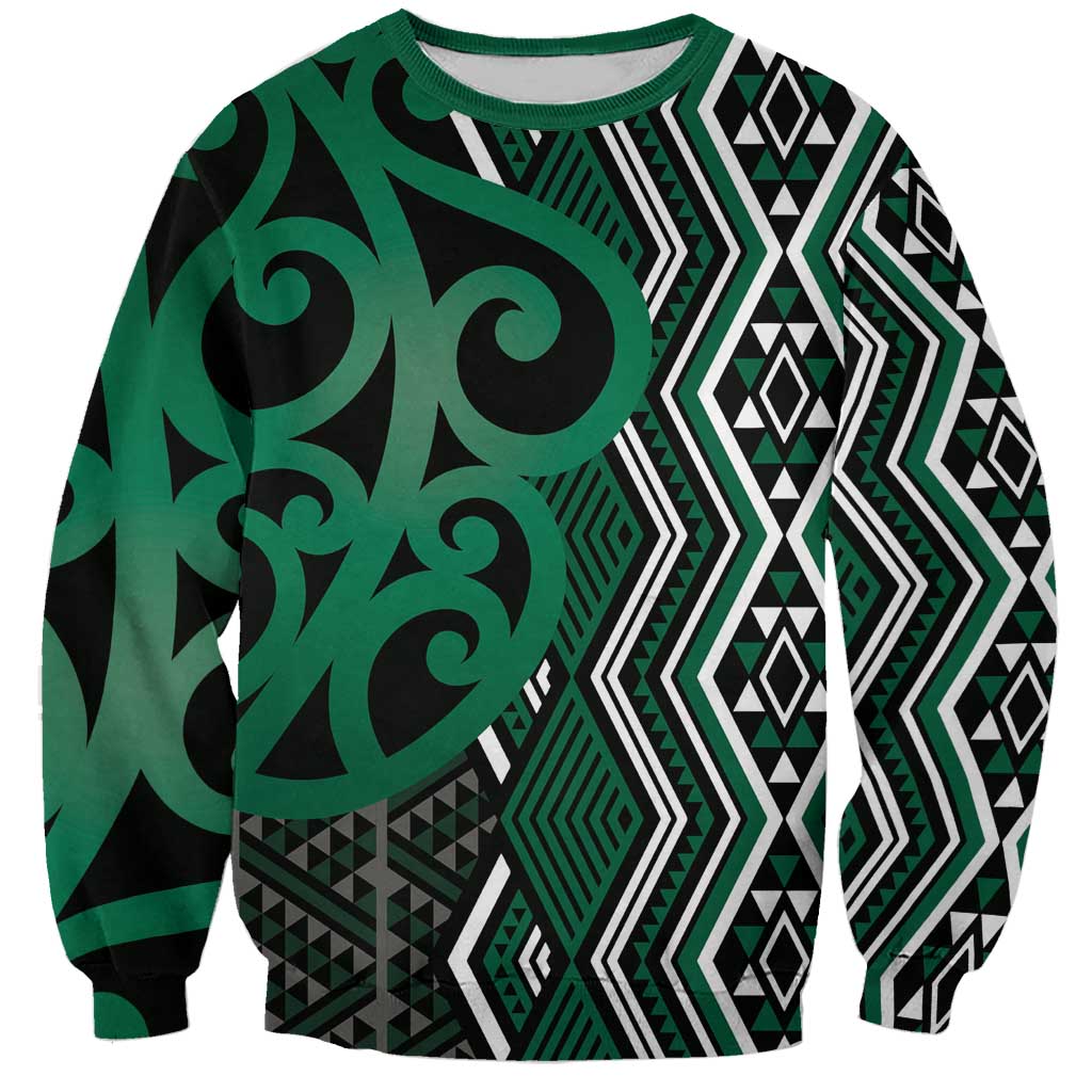 Maori Taniko Patterns Sweatshirt Pounamu Patiki Motifs Mix Whakairo Ngaru LT7 Unisex Green - Polynesian Pride