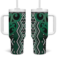 Maori Taniko Patterns Tumbler With Handle Pounamu Patiki Motifs Mix Whakairo Ngaru LT7 One Size: 40 oz Green - Polynesian Pride