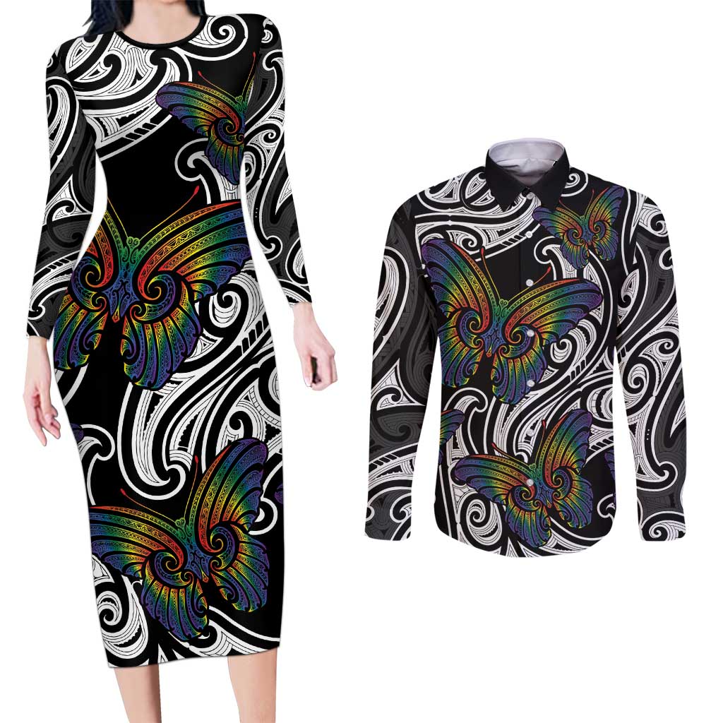 Aotearoa Takatapui Pride Couples Matching Long Sleeve Bodycon Dress and Long Sleeve Button Shirt Rainbow Butterfly - Free To Love LT7 Black - Polynesian Pride