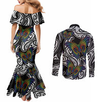 Aotearoa Takatapui Pride Couples Matching Mermaid Dress and Long Sleeve Button Shirt Rainbow Butterfly - Free To Love LT7 - Polynesian Pride