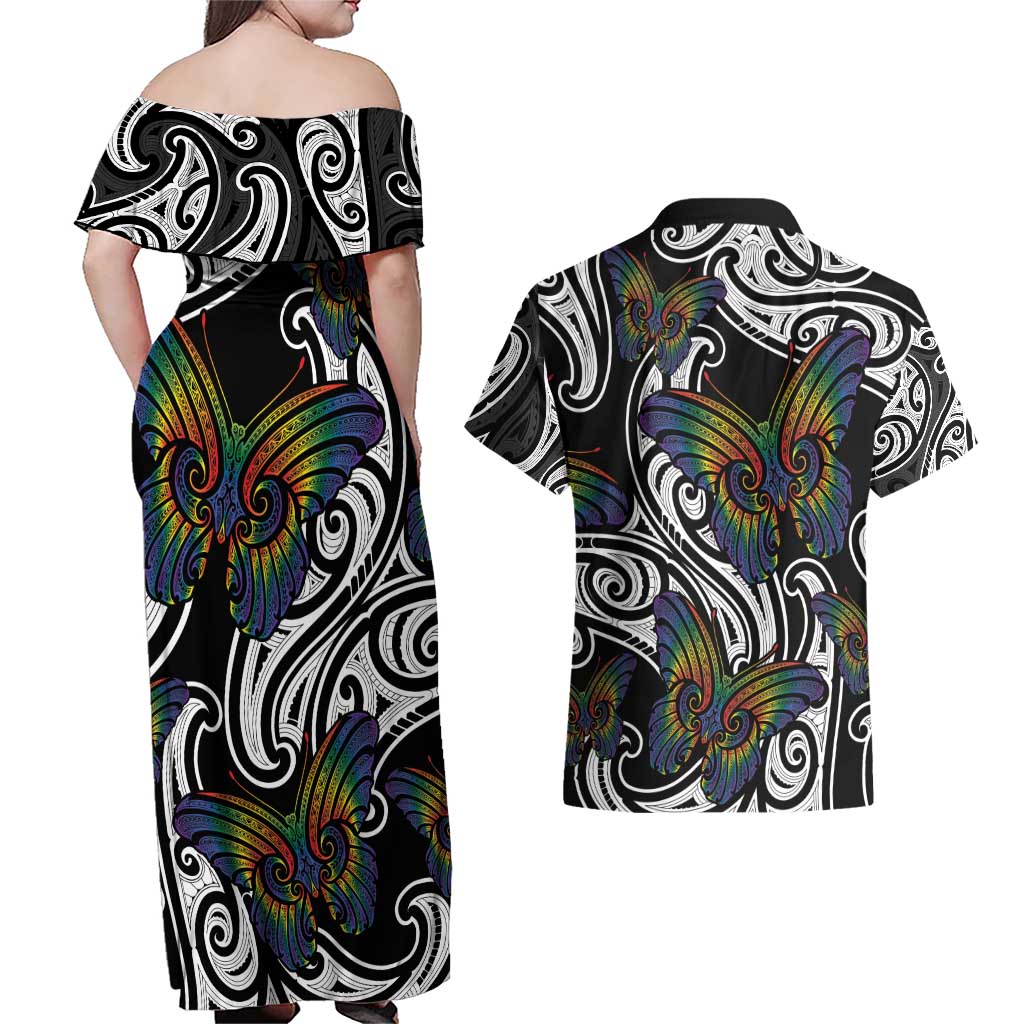 Aotearoa Takatapui Pride Couples Matching Off Shoulder Maxi Dress and Hawaiian Shirt Rainbow Butterfly - Free To Love LT7 - Polynesian Pride