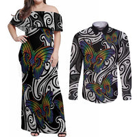 Aotearoa Takatapui Pride Couples Matching Off Shoulder Maxi Dress and Long Sleeve Button Shirt Rainbow Butterfly - Free To Love LT7 Black - Polynesian Pride