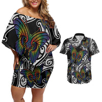 Aotearoa Takatapui Pride Couples Matching Off Shoulder Short Dress and Hawaiian Shirt Rainbow Butterfly - Free To Love LT7 Black - Polynesian Pride