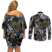 Aotearoa Takatapui Pride Couples Matching Off Shoulder Short Dress and Long Sleeve Button Shirt Rainbow Butterfly - Free To Love LT7 - Polynesian Pride