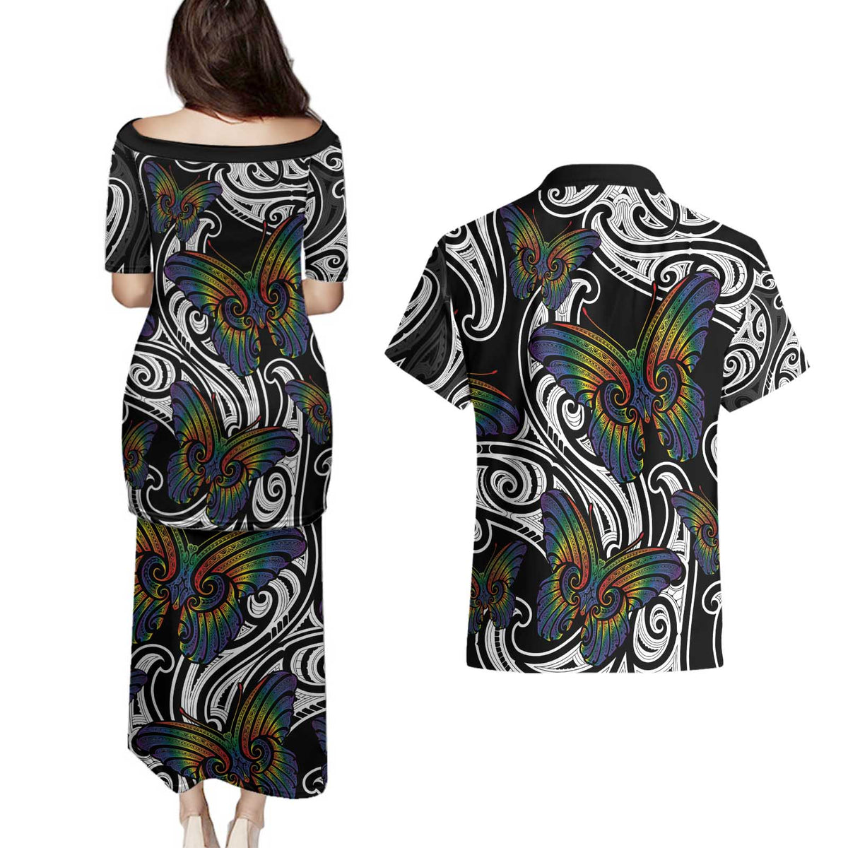 Aotearoa Takatapui Pride Couples Matching Puletasi and Hawaiian Shirt Rainbow Butterfly - Free To Love LT7 - Polynesian Pride