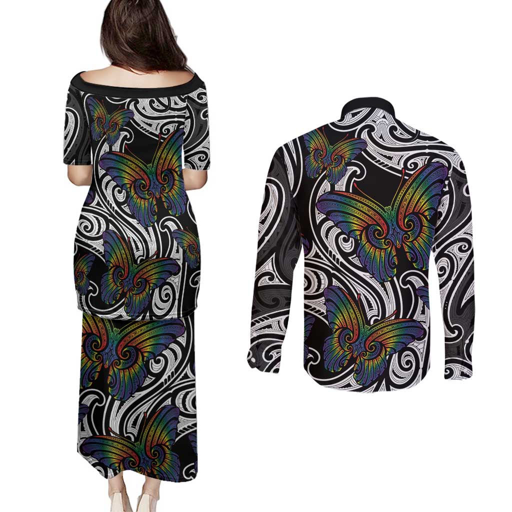 Aotearoa Takatapui Pride Couples Matching Puletasi and Long Sleeve Button Shirt Rainbow Butterfly - Free To Love LT7 - Polynesian Pride