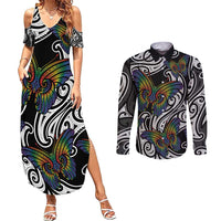 Aotearoa Takatapui Pride Couples Matching Summer Maxi Dress and Long Sleeve Button Shirt Rainbow Butterfly - Free To Love LT7 Black - Polynesian Pride