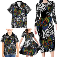 Aotearoa Takatapui Pride Family Matching Long Sleeve Bodycon Dress and Hawaiian Shirt Rainbow Butterfly - Free To Love LT7 - Polynesian Pride