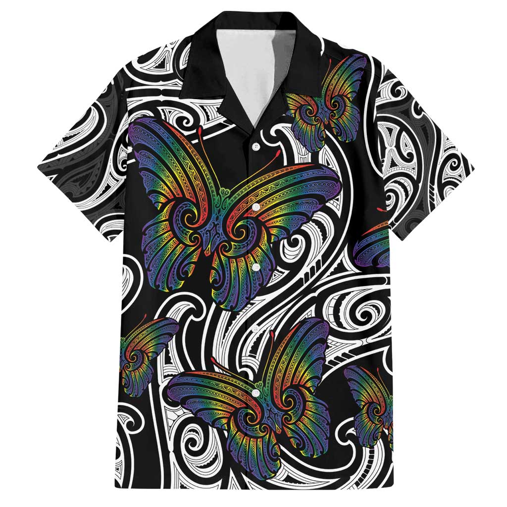Aotearoa Takatapui Pride Family Matching Long Sleeve Bodycon Dress and Hawaiian Shirt Rainbow Butterfly - Free To Love LT7 Dad's Shirt - Short Sleeve Black - Polynesian Pride