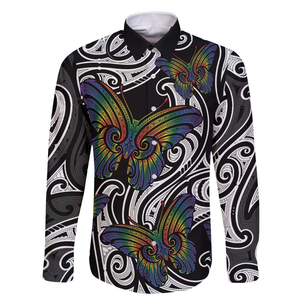 Aotearoa Takatapui Pride Family Matching Long Sleeve Bodycon Dress and Hawaiian Shirt Rainbow Butterfly - Free To Love LT7 Dad's Shirt - Long Sleeve Black - Polynesian Pride