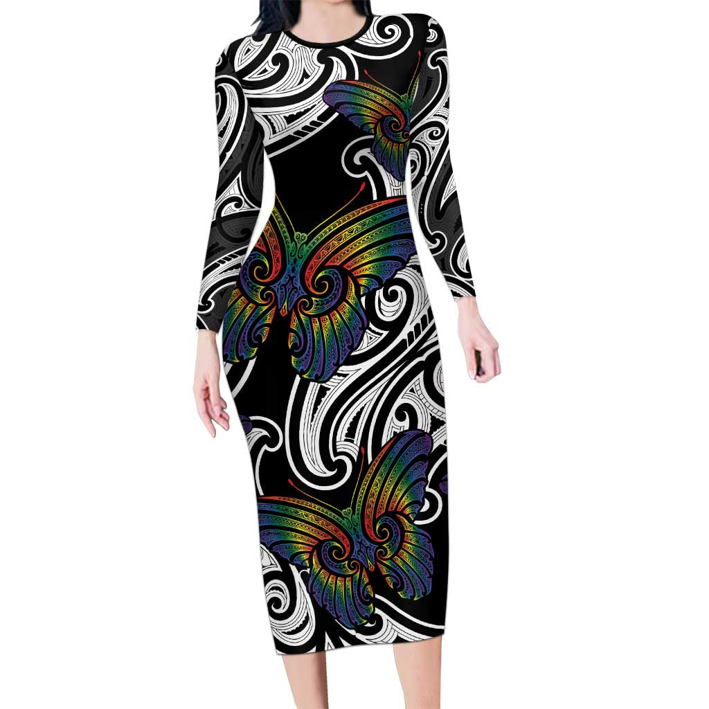 Aotearoa Takatapui Pride Family Matching Long Sleeve Bodycon Dress and Hawaiian Shirt Rainbow Butterfly - Free To Love LT7 Mom's Dress Black - Polynesian Pride