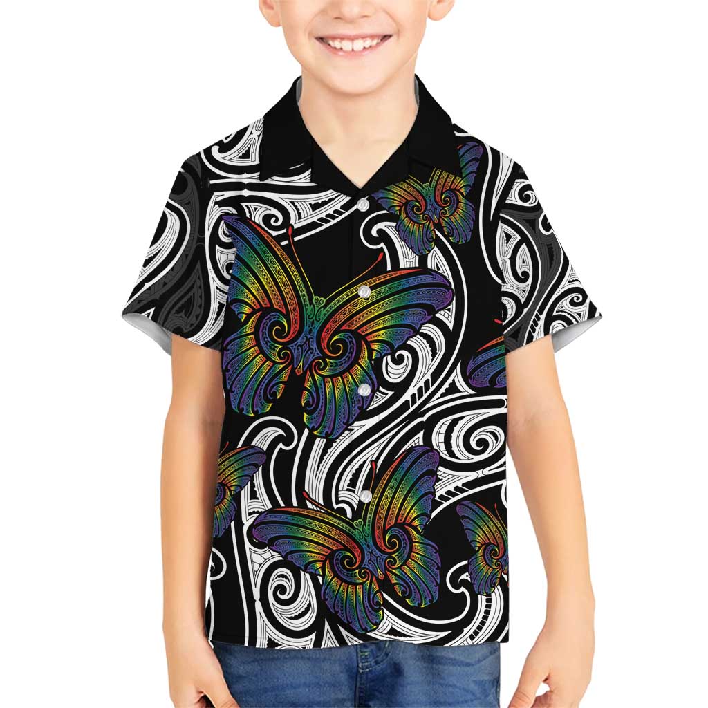 Aotearoa Takatapui Pride Family Matching Long Sleeve Bodycon Dress and Hawaiian Shirt Rainbow Butterfly - Free To Love LT7 Son's Shirt Black - Polynesian Pride
