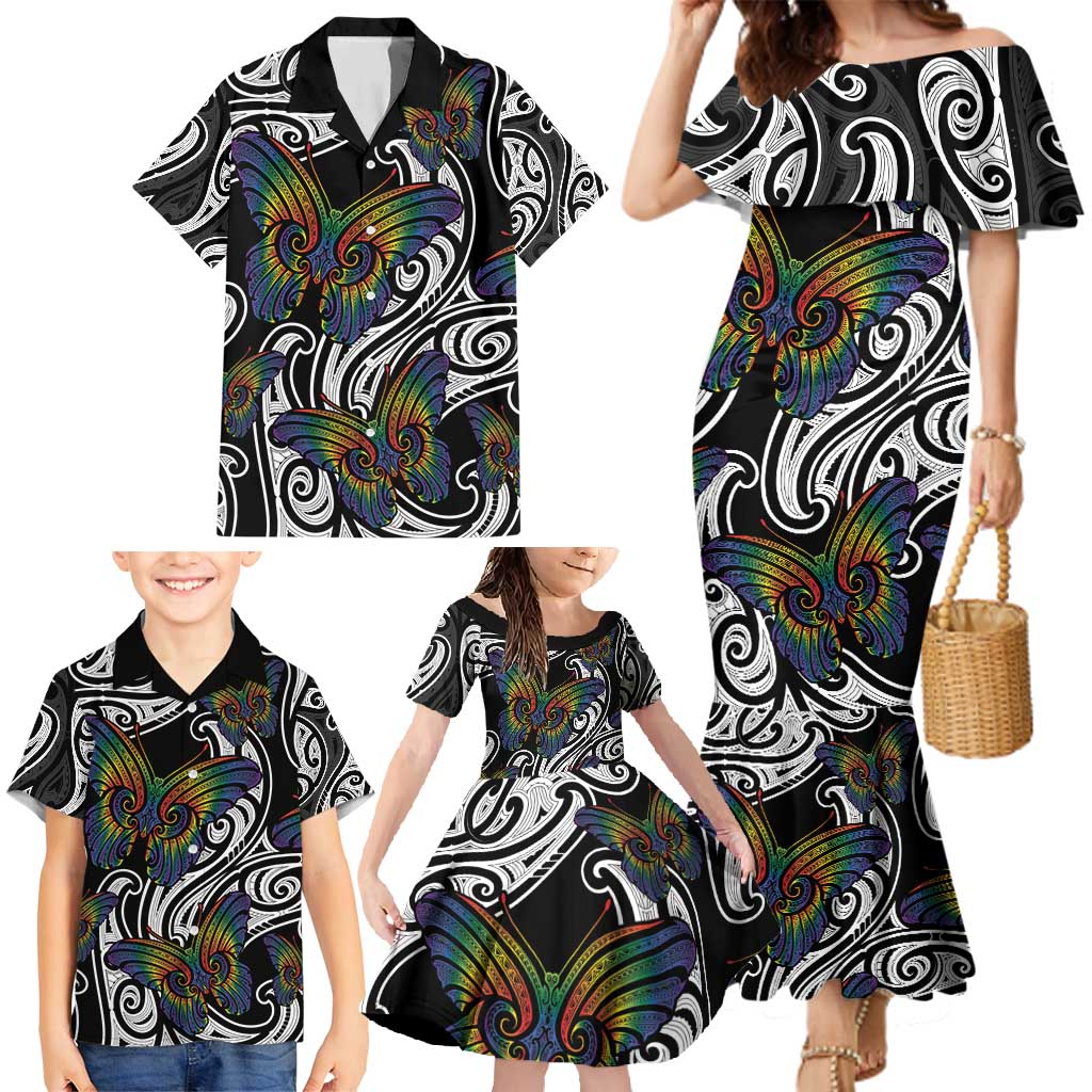 Aotearoa Takatapui Pride Family Matching Mermaid Dress and Hawaiian Shirt Rainbow Butterfly - Free To Love LT7 - Polynesian Pride