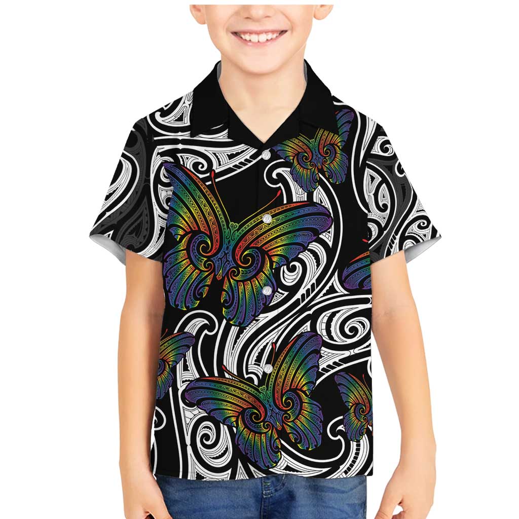 Aotearoa Takatapui Pride Family Matching Mermaid Dress and Hawaiian Shirt Rainbow Butterfly - Free To Love LT7 Son's Shirt Black - Polynesian Pride
