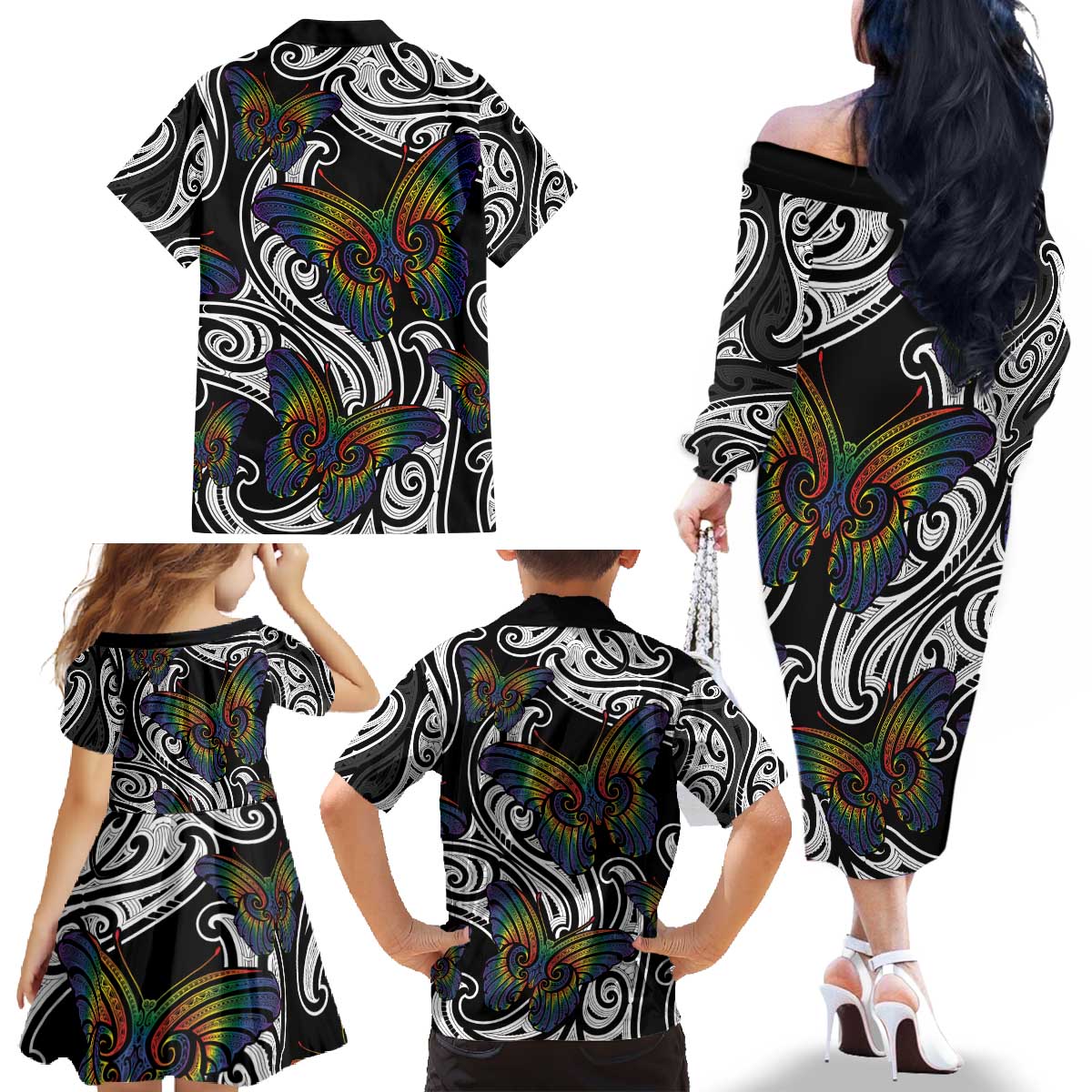 Aotearoa Takatapui Pride Family Matching Off The Shoulder Long Sleeve Dress and Hawaiian Shirt Rainbow Butterfly - Free To Love