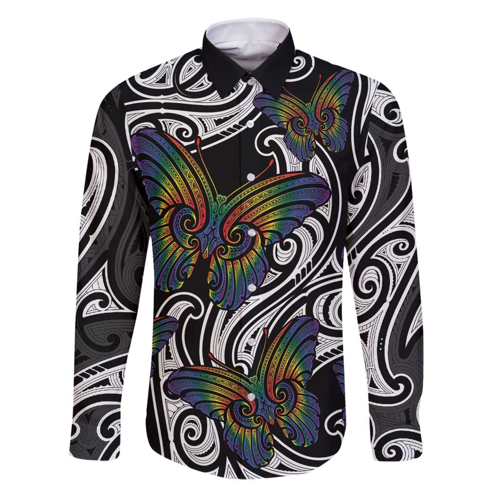 Aotearoa Takatapui Pride Family Matching Puletasi and Hawaiian Shirt Rainbow Butterfly - Free To Love LT7 Dad's Shirt - Long Sleeve Black - Polynesian Pride