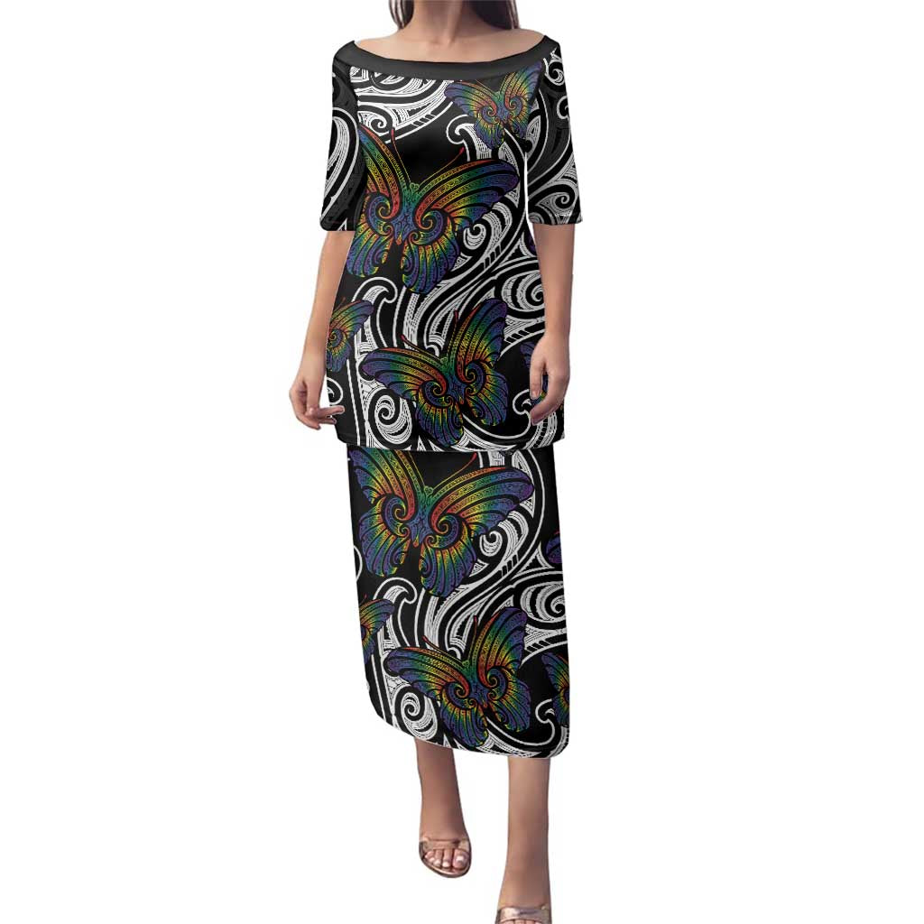 Aotearoa Takatapui Pride Family Matching Puletasi and Hawaiian Shirt Rainbow Butterfly - Free To Love LT7 Mom's Dress Black - Polynesian Pride