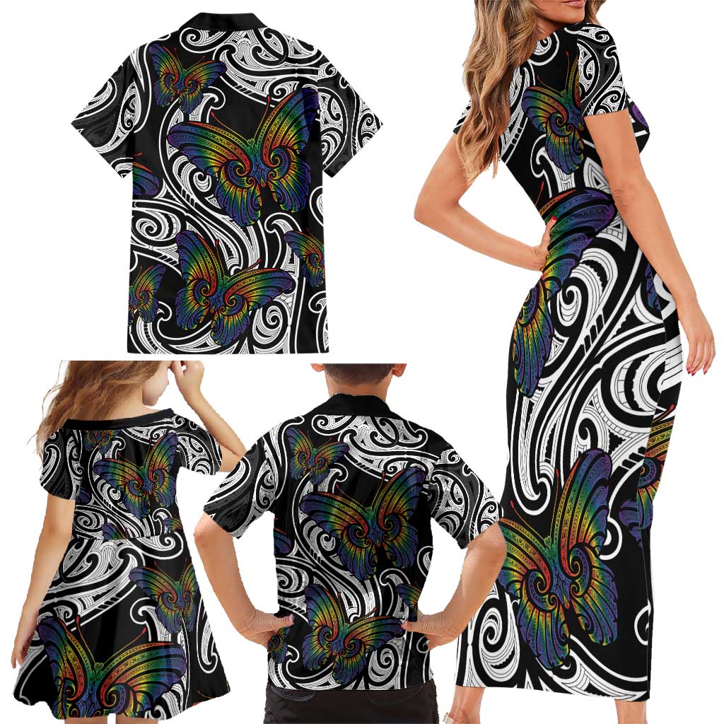 Aotearoa Takatapui Pride Family Matching Short Sleeve Bodycon Dress and Hawaiian Shirt Rainbow Butterfly - Free To Love LT7 - Polynesian Pride