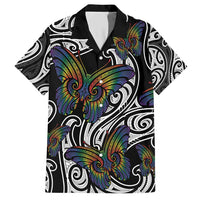 Aotearoa Takatapui Pride Family Matching Short Sleeve Bodycon Dress and Hawaiian Shirt Rainbow Butterfly - Free To Love LT7 Dad's Shirt - Short Sleeve Black - Polynesian Pride