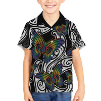 Aotearoa Takatapui Pride Family Matching Short Sleeve Bodycon Dress and Hawaiian Shirt Rainbow Butterfly - Free To Love LT7 Son's Shirt Black - Polynesian Pride