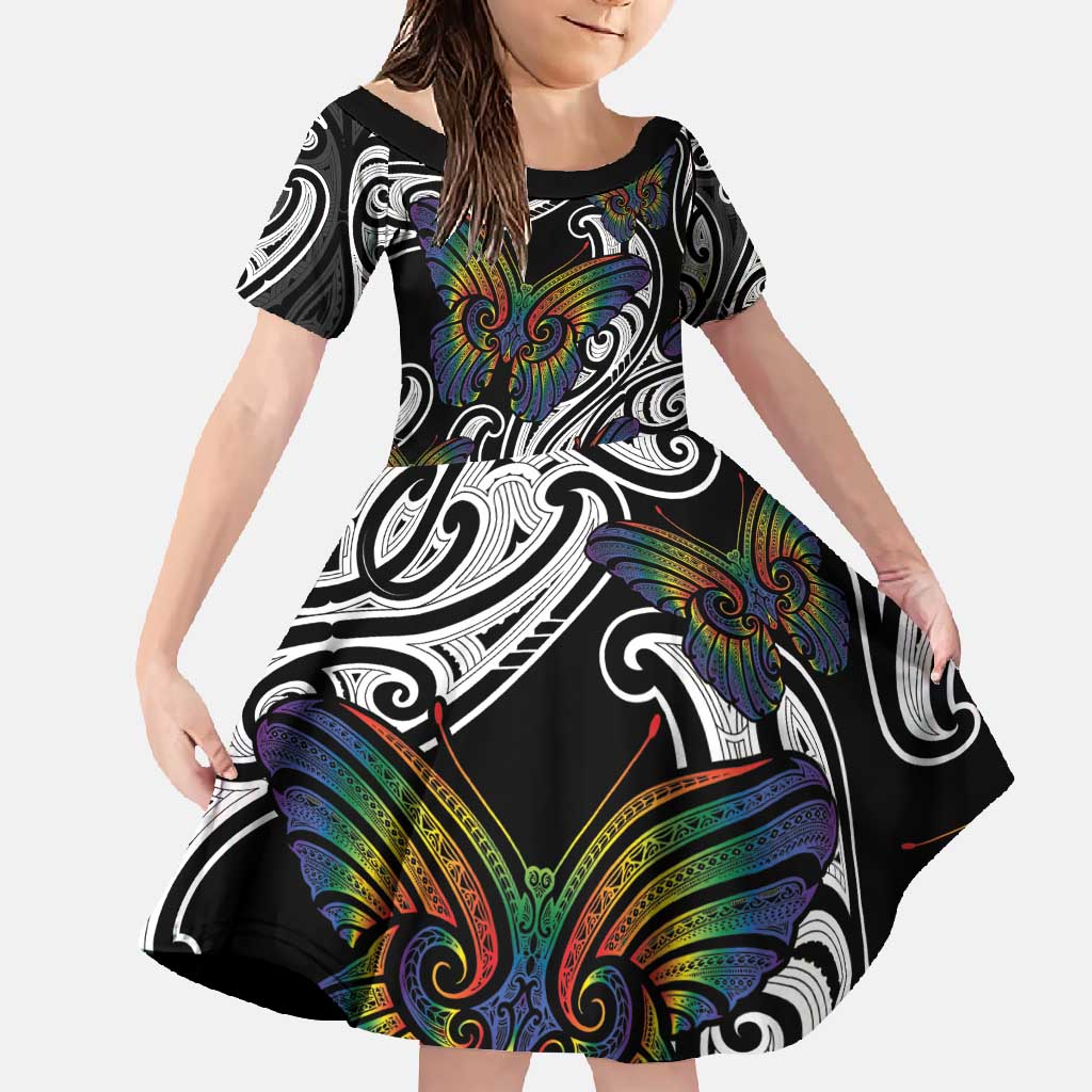Aotearoa Takatapui Pride Family Matching Tank Maxi Dress and Hawaiian Shirt Rainbow Butterfly - Free To Love LT7 Daughter's Dress Black - Polynesian Pride