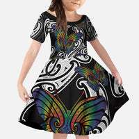 Aotearoa Takatapui Pride Family Matching Tank Maxi Dress and Hawaiian Shirt Rainbow Butterfly - Free To Love LT7 Daughter's Dress Black - Polynesian Pride